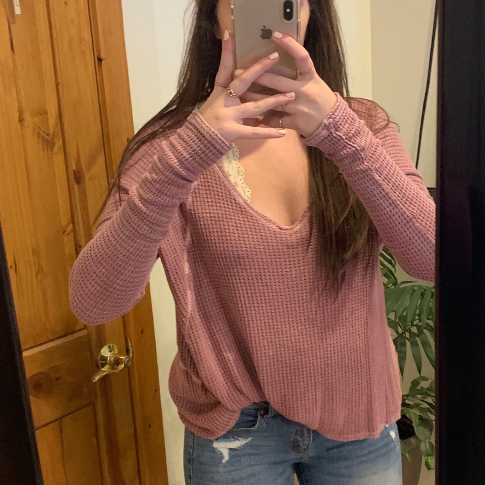 Red Waffle knit long sleeve top